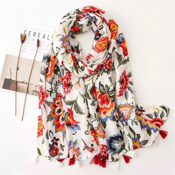 Accessories - Luxury Floral Cotton Linen Scarf with Tassels